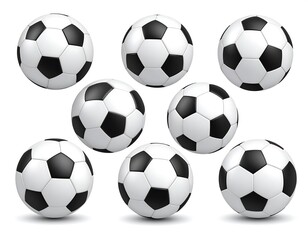 A collection of soccer balls in a white background. The spheres feature black pentagons and white hexagons, a familiar sports icon