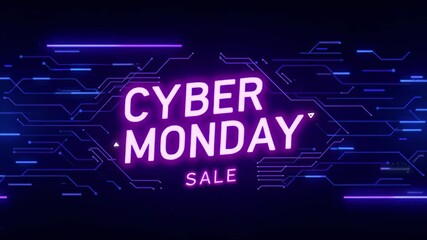 Cyber Monday sale animated text with glowing digital circuit board pattern background for online retail promotion