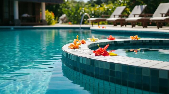 Azure Tropical Swimming Pool with Flowers Relaxing Resort Ambience Turquoise Water and Tropical Plants under Daylight No People Present