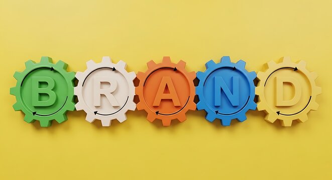 Colorful gears spelling out the word brand in a row against a bright yellow background, symbolizing business strategy