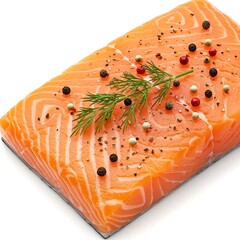 Fresh Salmon Fillet Garnished with Dill and Colorful Peppercorns Ready