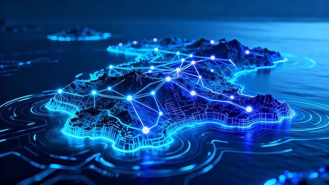 Digital map with glowing network connections
