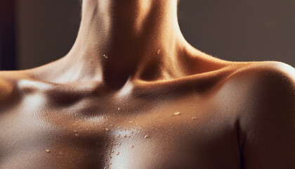 Close-up of a person's upper chest and neck with visible collarbones and water droplets on the skin.