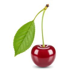 Fresh single cherry with leaf isolated against white background studio shot