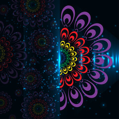 Fototapeta premium Colorful abstract mandala pattern with bright blue light flare and glowing particles, decorative design element