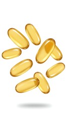 Gel Capsules Supplement Vitamins Omega Three on White Background Still Life