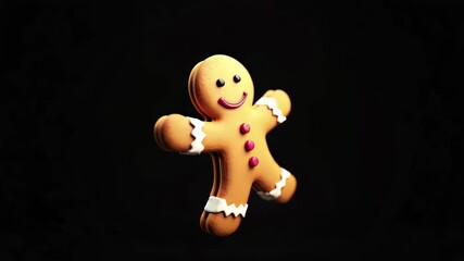 Ginger cookie man figure floating on black background. Christmas dessert animation with gingerbread character. Playful holiday design element for decoration. - Powered by Adobe