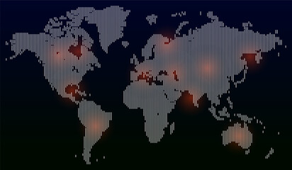 World map in vertical line pattern. Digital global infographic vector world map with vertical line pattern art forming the shapes of countries and continents. Vertical lines shaping the earth