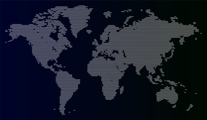 Global vector digital world map horizontal line pattern art view. Digital horizontal black line pattern world map with a global view of continents for business, technology, and travel purposes.