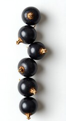 Heap of black currant fruit arranged vertically on white background close up