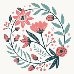 Floral wreath with pink flowers and green leaves on a