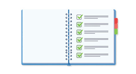 Open notebook with a completed checklist and blank pages for planning and organization