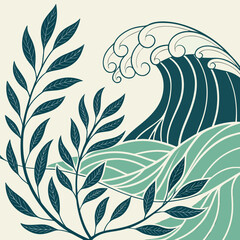 Stylized ocean wave with leaves in a decorative design on a cream background