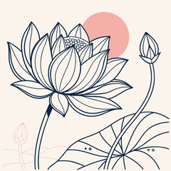 Elegant lotus flower illustration with a pink sun, perfect for peaceful designs
