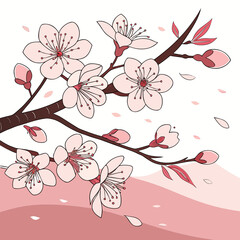 Cherry blossom branch with pink flowers and falling petals on