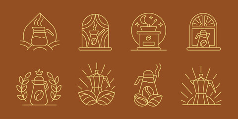 Coffee Brewing Equipment Logo Set. Turkish Pot, Grinder, and Various Coffeemakers. Modern Line Art