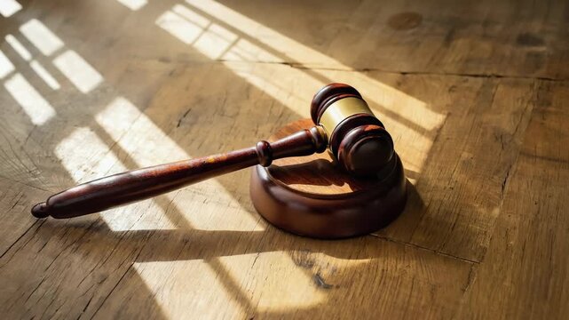 A judge's gavel and sound block resting on a wooden table with dramatic sunlight. A powerful symbol of justice, authority, and the legal system for court or auction concepts