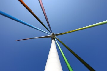 Colorful Wind Turbine Against Blue Sky - Renewable Energy Concept