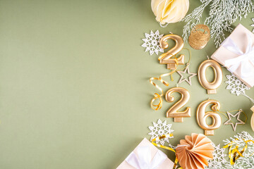 New year 2026 celebration greeting card background Gold numbers 2026 with golden party decoration,...