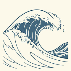 Illustration of a large ocean wave with foam cresting on a beige background