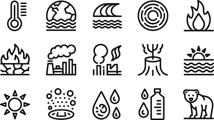 Collection of line art icons depicting climate change global warming environmental issues and ecological concerns in a minimalist style for web design