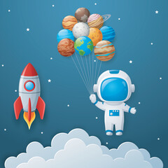 Astronaut with planets and rocket launch in universe