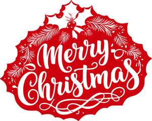 Merry Christmas Red Ornament with Holly Leaves