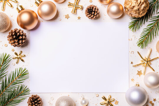 Festive christmas border with ornaments pine cones and fir branches around blank paper