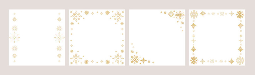 Golden snowflake frames and borders templates in minimal style, for holiday cards, Christmas invitations, seasonal packaging, social media, digital scrapbooking, web, and print. Vector illustration