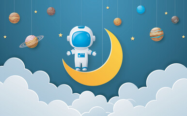 Astronaut and moon in the sky. Paper art style