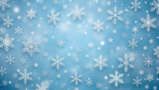 Winter wonderland snowflakes falling across a calm blue background nature digital artwork tranquil atmosphere abstract viewpoint seasonal beauty
