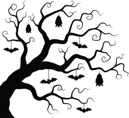 Spooky silhouette of a bare tree adorned with hanging bats for Halloween.
