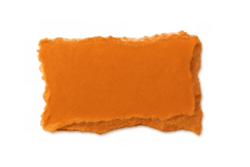 Ripped orange paper fragment with rough textured edges on transparent background, showing blank scrap copy space