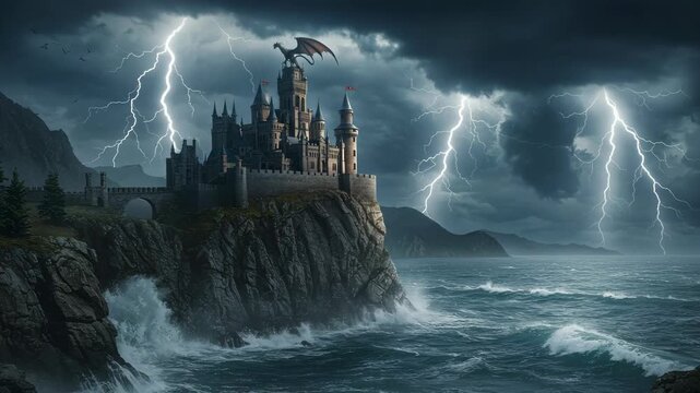 Dramatic Pixel Art of Medieval Castle on Cliffside with a Dragon Sculpture during a Lightning Storm Over the Sea in Fantasy Landscape with Dark Sky