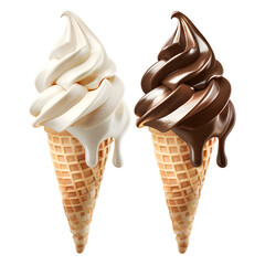 a summer-themed illustration featuring a vanilla and chocolate ice cream cone dripping set isolated on white and transparent background