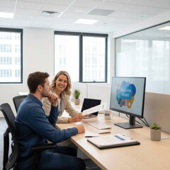 Professional woman welcoming new employee during onboarding in modern office workspace with natural light and positive team collaboration for success