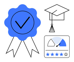 Certification concept. Certification ensures quality, recognition, and standards across industries. Certification visuals with a badge, graduation cap, and rating scale. Ideal for education