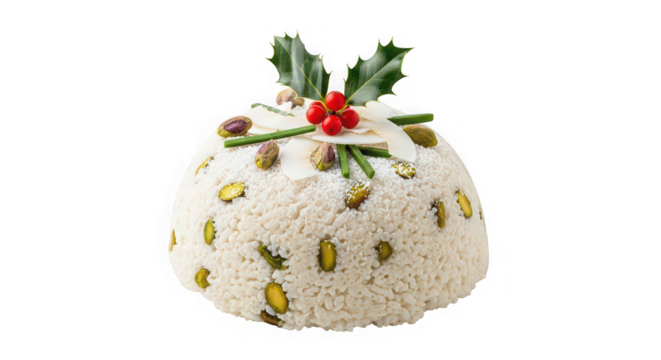 Festive egg shaped dessert with greenery and nuts
