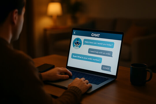 Customer service chatbot on laptop providing instant support for online orders, enhancing user experience and streamlining e-commerce assistance