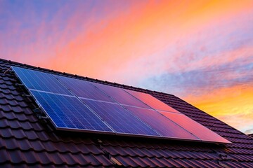 Solar Panels on Roof at Sunset - Sustainable Energy Concept
