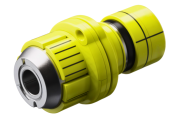 Bright yellow industrial mechanical coupling with black markings isolated with transparent background