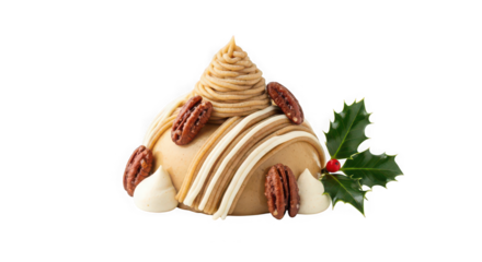 Festive dessert creation with pecans and holly accent