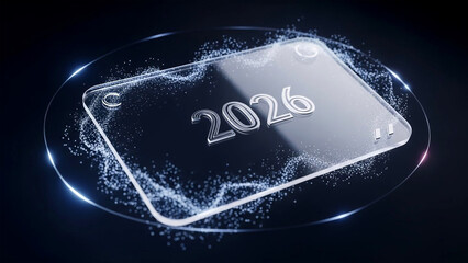 Sleek 3D '2026' Embossed on Glass with Smooth Gradient Background – High-Tech Holiday Design