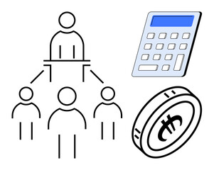 Human hierarchy connecting to financial systems, accompanied by calculator and currency coin. Ideal for finance, budgeting, business, teamwork, investment, leadership corporate operations. Simple