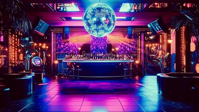 Luxurious nightclub interior with a bar, dance floor, and a large disco ball rotating above, creating a vibrant, energetic atmosphere with purple and blue neon lights for a party or event