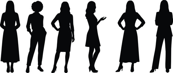 Six diverse professional women silhouettes standing in confident and commanding poses, wearing business attire and fashionable dresses, isolated on a white background.