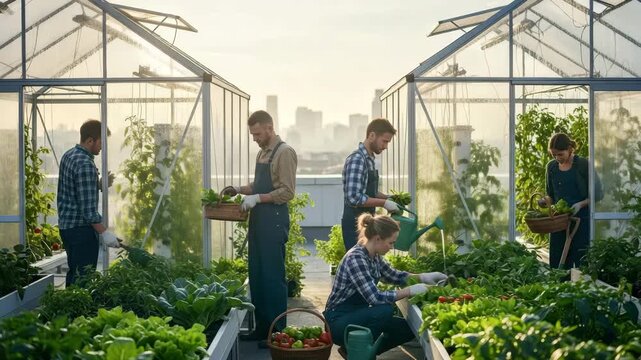People collaborate in rooftop greenhouses to tend plants and harvest fresh produce