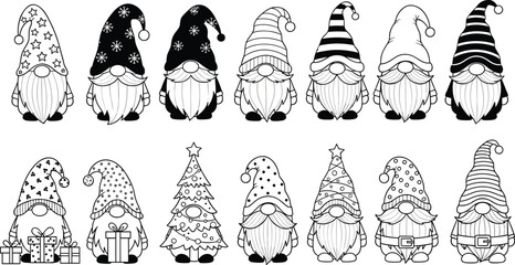Christmas gnome coloring page, festive cartoon characters, black and white holiday art, cute bearded gnomes, winter printable design