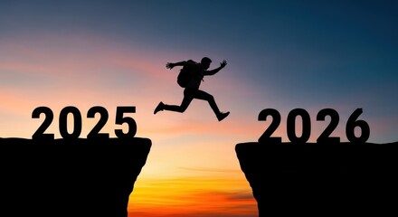 Leaping into the future silhouette of person jumping from 2025 to 2026