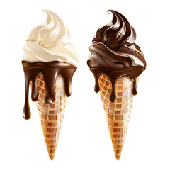 a summer-themed illustration featuring a vanilla and chocolate ice cream cone dripping set isolated on white and transparent background